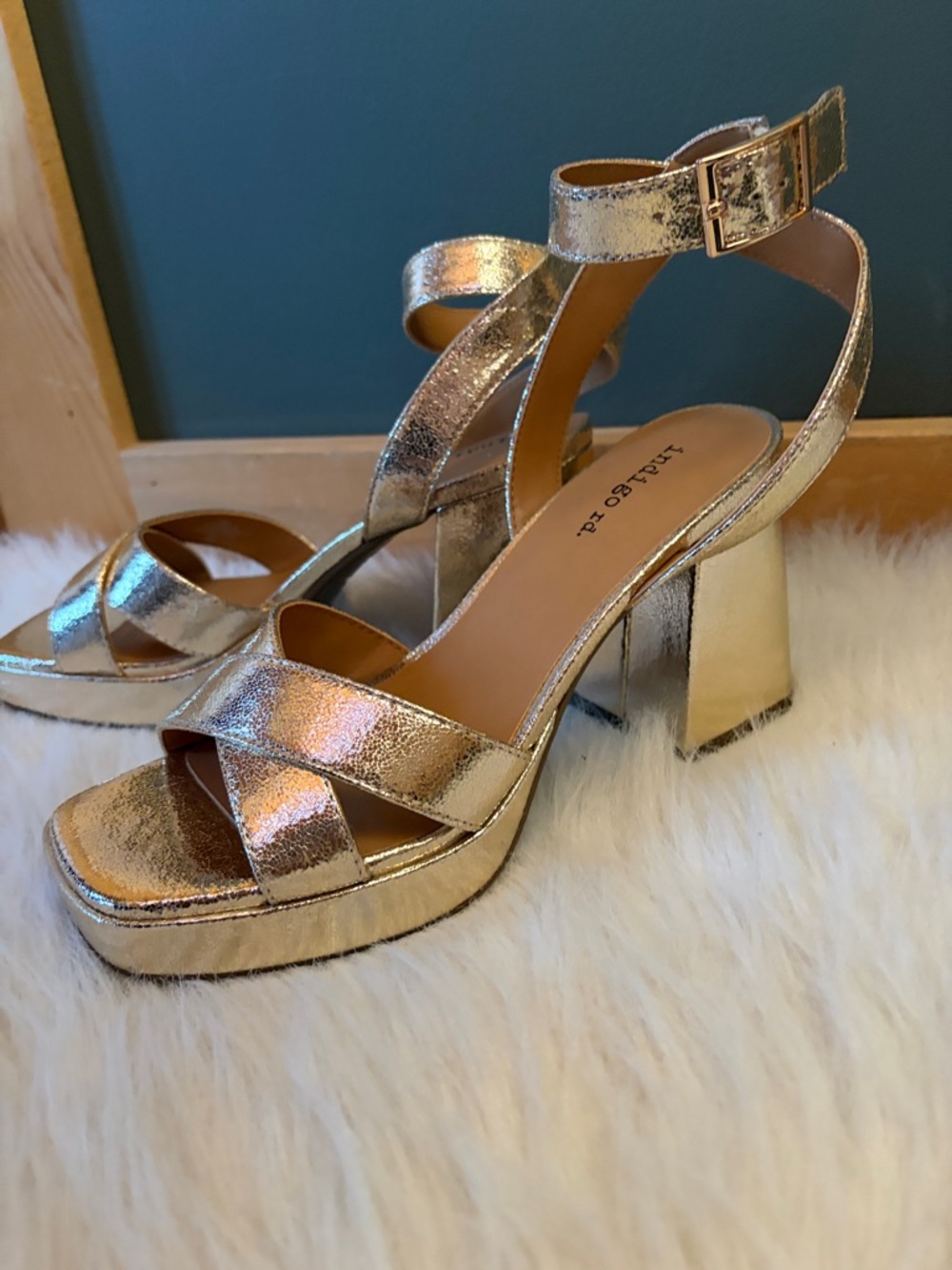 Indigo Metallic Gold Platform Ankle-Strap Sandals